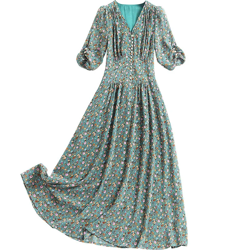 Women high quality fashion summer dress new 2021 elegant vintage V-neck short sleeve a-line high waist floral chiffon dresses 
Women high quality fashion summer dress new 2021 elegant vintage V-neck short sleeve a-line high waist floral chiffon dresses