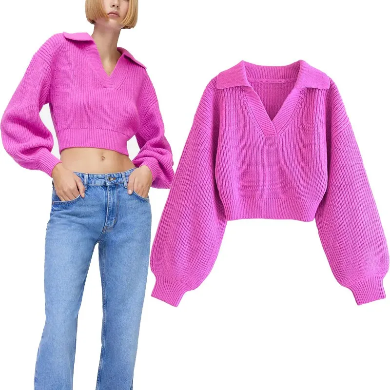 Autumn Puff Sleeve Cropped Knit Sweater Women Lapel Collar Vintage Warm Jumper Chic Female Casual Loose Knitted Tops Sweaters
Autumn Puff Sleeve Cropped Knit Sweater Women Lapel Collar Vintage Warm Jumper Chic Female Casual Loose Knitted Tops Sweaters