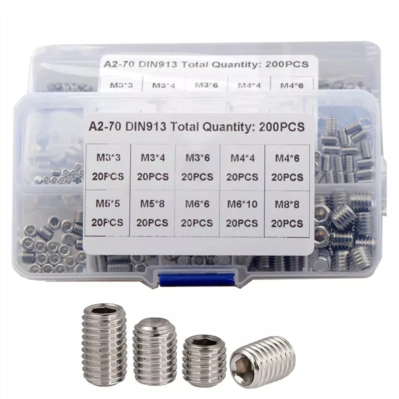 200pcs Hex Hexagon Socket Set Screw Flat Point Grub Screw Assortment Kit stainless steel M3M4 M5 M6 M8 Headless Set Screw DIN913
200pcs Hex Hexagon Socket Set Screw Flat Point Grub Screw Assortment Kit stainless steel M3M4 M5 M6 M8 Headless Set Screw DIN913