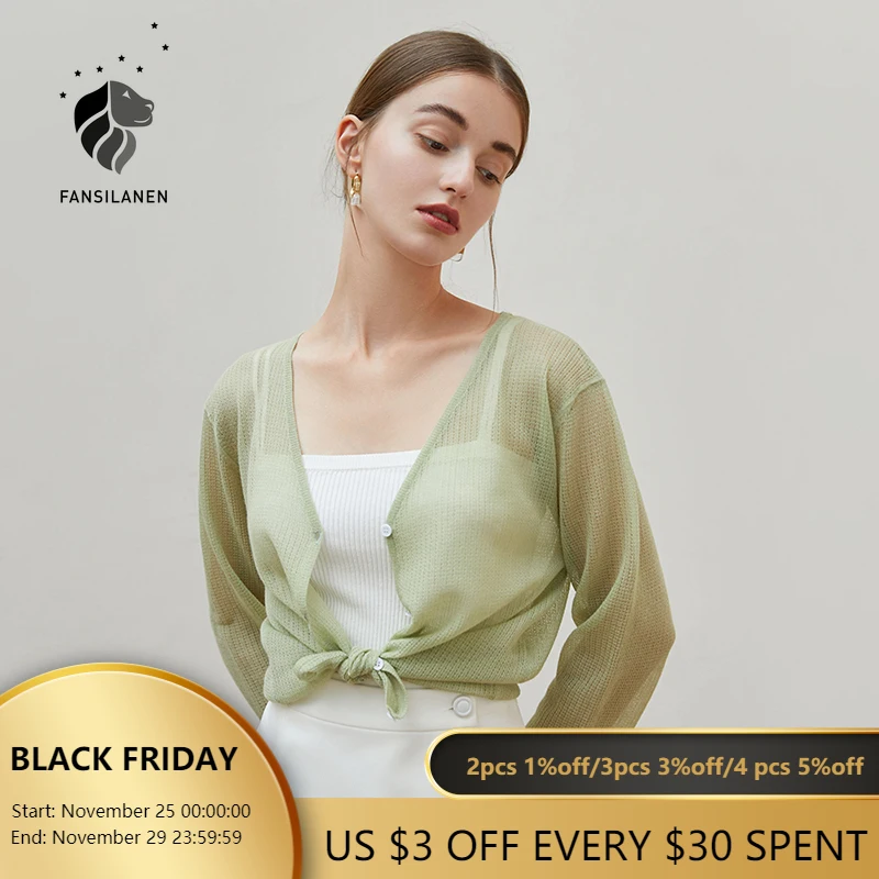 FANSILANEN Office Lady Sunscreen Cardigan Thin Women's Summer 2021 New V-neck Air Conditioning Knitted Short Sleeve Green Top
FANSILANEN Office Lady Sunscreen Cardigan Thin Women's Summer 2021 New V-neck Air Conditioning Knitted Short Sleeve Green Top