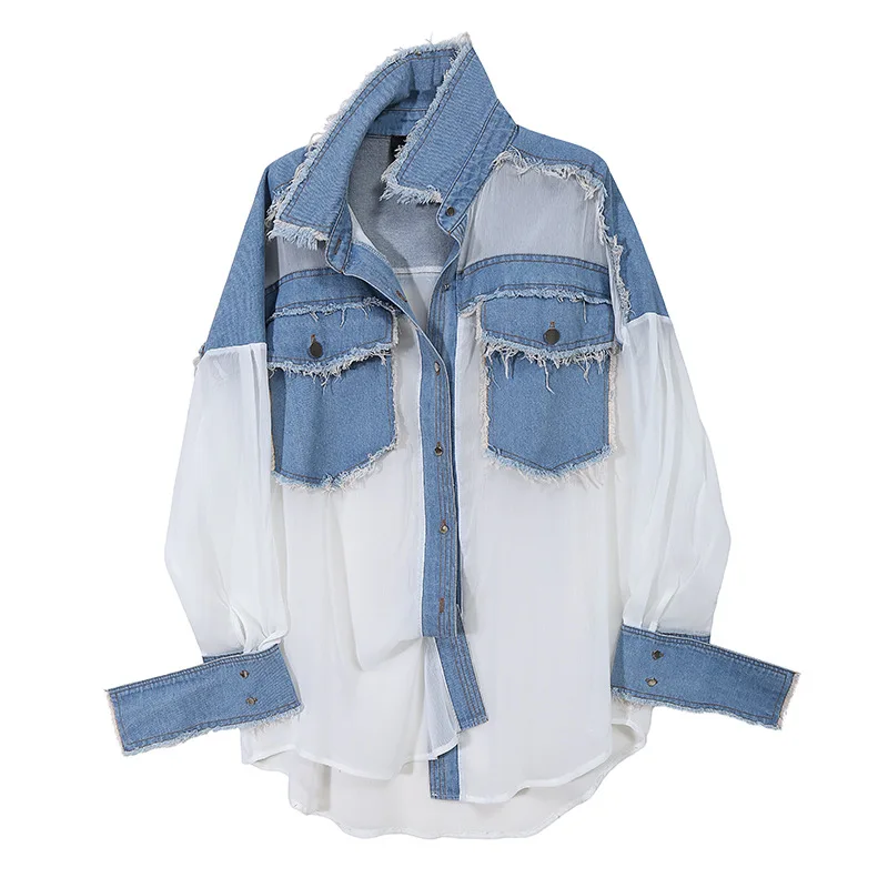Spring Summer Sexy Fashionable Stitching Loose Chiffon Shirt Denim Tops Transparent Jacket Coats
Spring Summer Sexy Fashionable Stitching Loose Chiffon Shirt Denim Tops Transparent Jacket Coats
