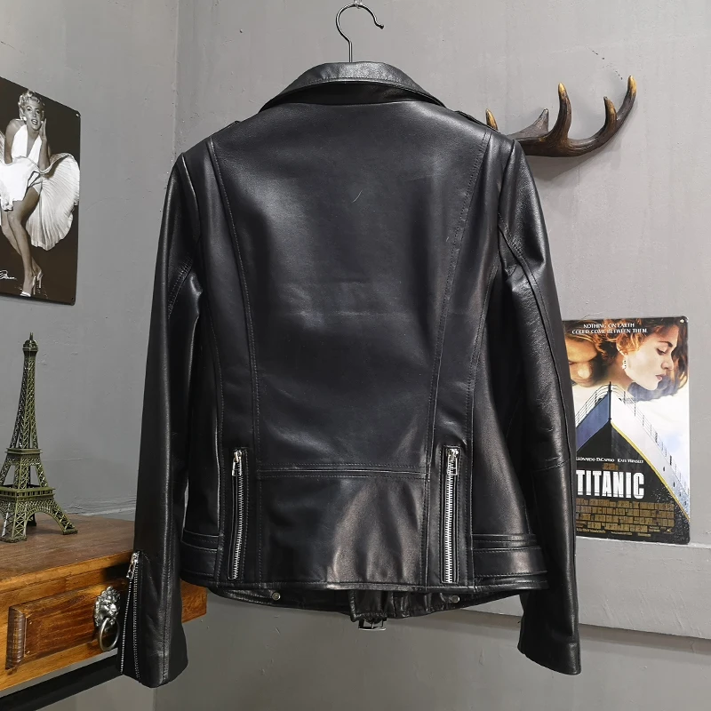 Женская мотоциклетная куртка из натуральной овечьей кожи, на молнии 
Женская мотоциклетная куртка из натуральной овечьей кожи, на молнии