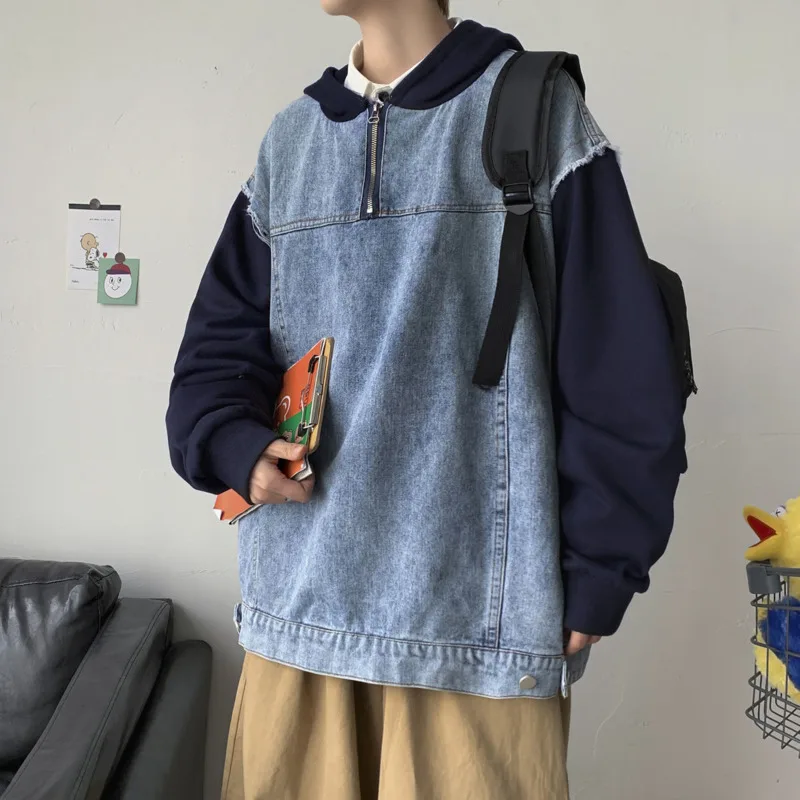 Хлопковая джинсовая куртка с капюшоном, мужская мода, повседневные куртки с капюшоном, Мужская Уличная одежда, свободная куртка-бомбер в ст... 
Хлопковая джинсовая куртка с капюшоном, мужская мода, повседневные куртки с капюшоном, Мужская Уличная одежда, свободная куртка-бомбер в ст...