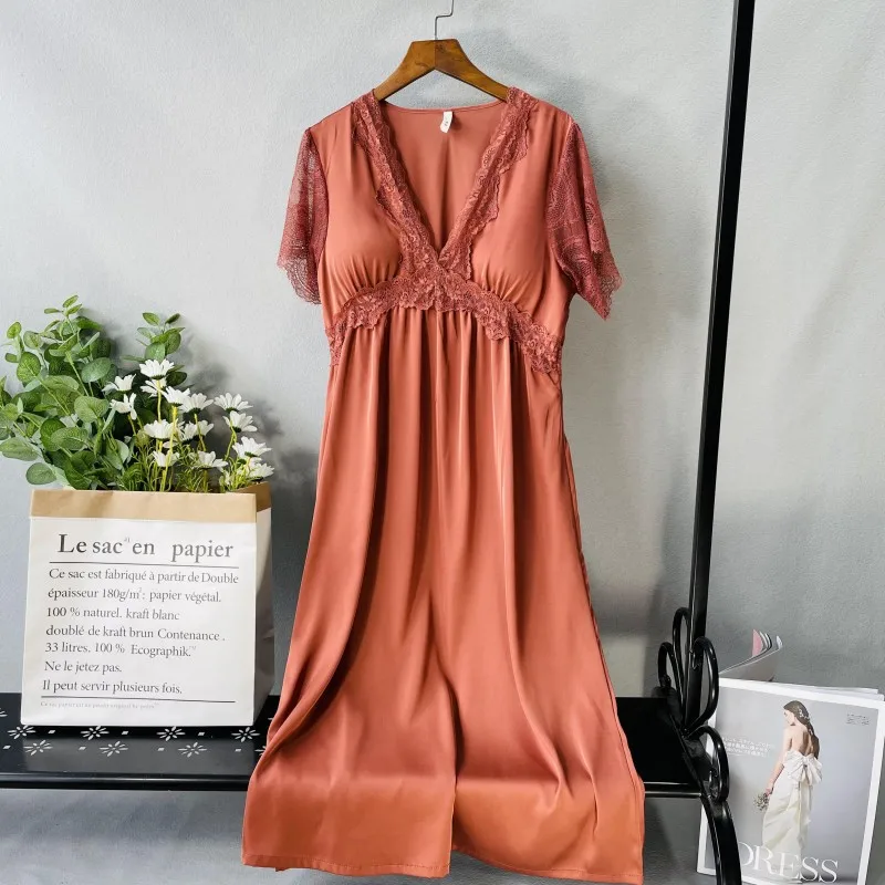 Satin New Nightgown Women V-neck Sleep Dress Sexy Lace Sleepwear Short Sleeve Nightdress Summer New Nightwear Home Dress
Satin New Nightgown Women V-neck Sleep Dress Sexy Lace Sleepwear Short Sleeve Nightdress Summer New Nightwear Home Dress