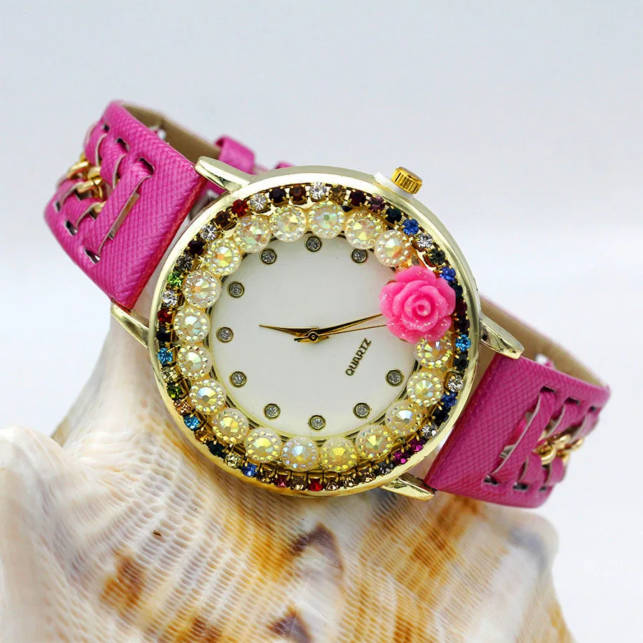 Часы наручные женские с цветочным рисунком трикотажные цветные сверкающие