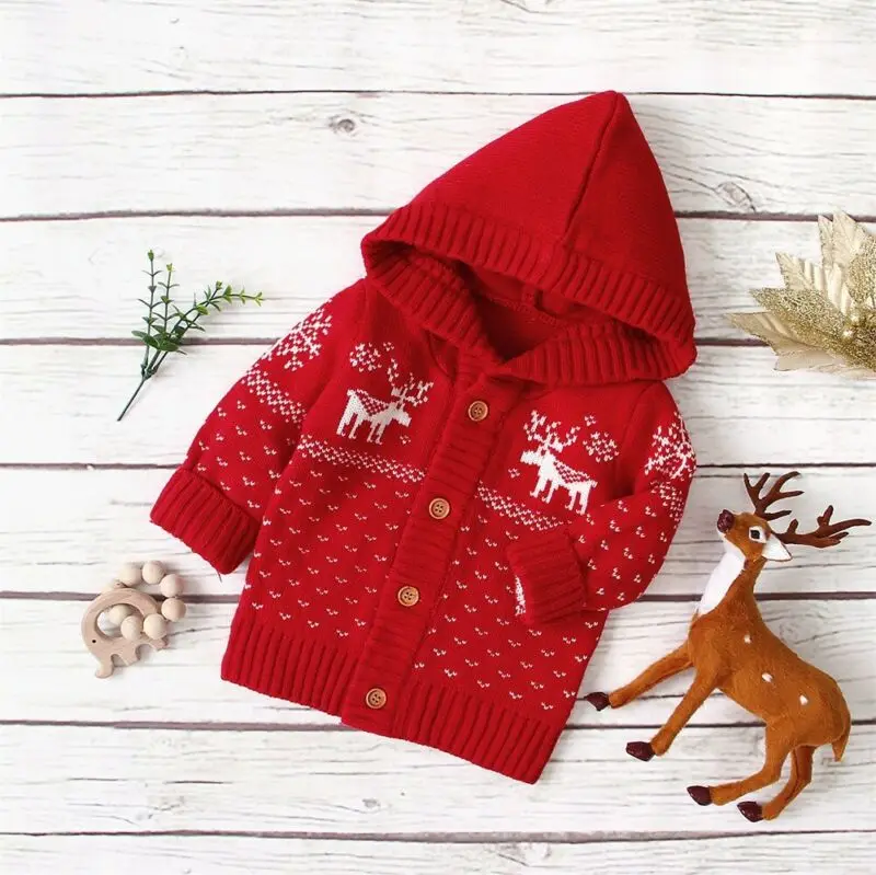 Newly Kids Chirstmas Clothes Newborn Baby Girl Boy Knitted Deer Hoodie Button Hooded Sweatshirt Warm Sweater Outfits Clothing |
