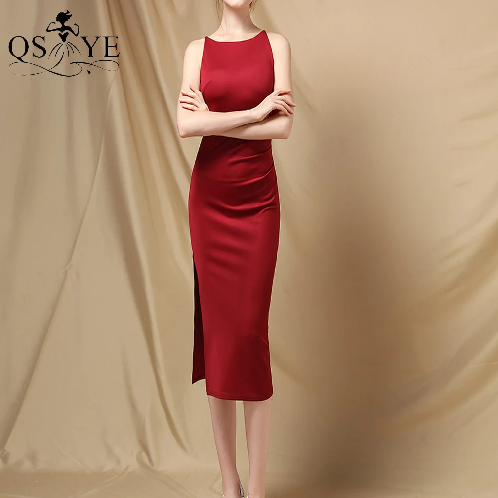 

Scoop Burgundy Prom Dress Side Split Evening Gown Stretch Ruched Girl Party Gown Sleeveless Sheath Formal Women Red Dress Casual