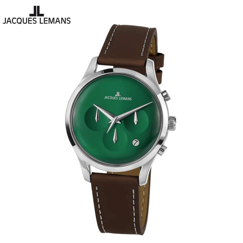 

Jacques Lemans Retro Classic Quartz Unisex Wrist Watch Convex Crystal Leather Strap Chronograph 1-2067