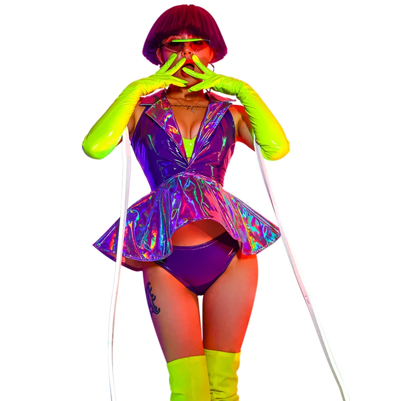 Sexy Women DJ Jazz Costume Purple Laser Leather Suit Fluorescent Green Dancer Nightclub Rave Dance Outfit Singer Stage Wear 
Sexy Women DJ Jazz Costume Purple Laser Leather Suit Fluorescent Green Dancer Nightclub Rave Dance Outfit Singer Stage Wear