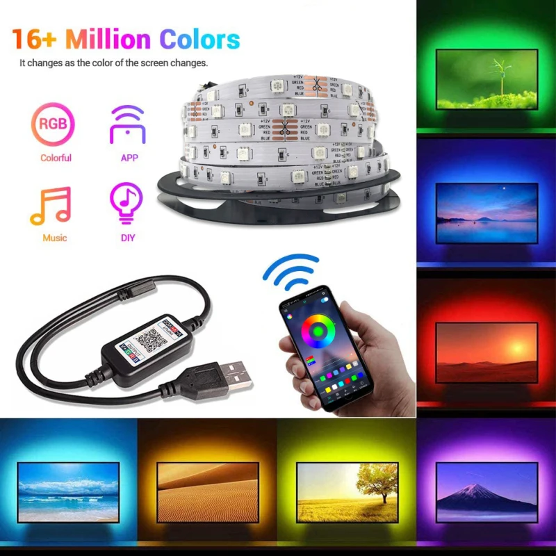 

Светодиодные светильник ты RGB 1/2/5 м, гибкие светодиодные ленты «сделай сам», меняющие цвет с помощью приложения Bluetooth, светодиодсветильник у...