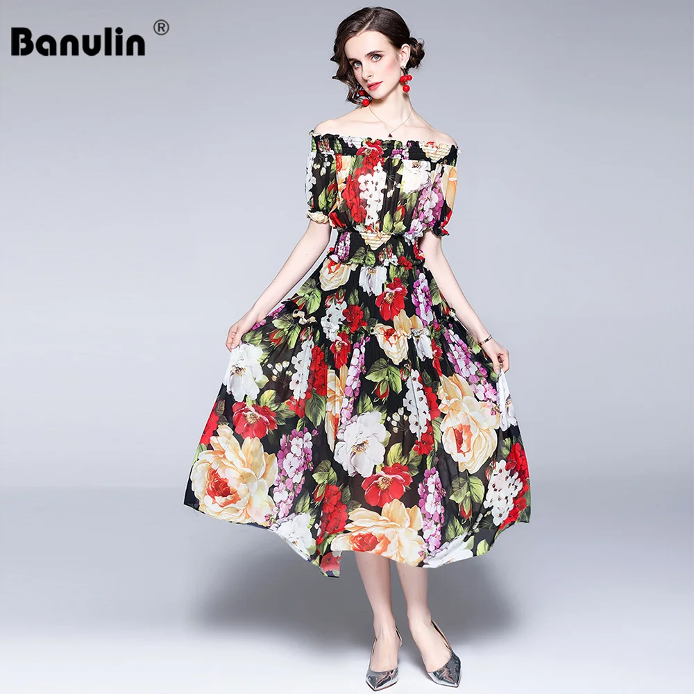 

Banulin Runway Summer Off Shoulder Maxi Dress Women's Puff Sleeve Elastic Waist Flower Print Bohemian Silk Long Dress N58282