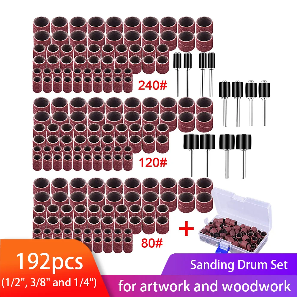 192 Pcs Sanding Drum Kit 180 Pcs Drum Sander Nail Sanding Band Sleeves and 12 Pcs Drum Mandrels for Dremel Rotary Tool
192 Pcs Sanding Drum Kit 180 Pcs Drum Sander Nail Sanding Band Sleeves and 12 Pcs Drum Mandrels for Dremel Rotary Tool