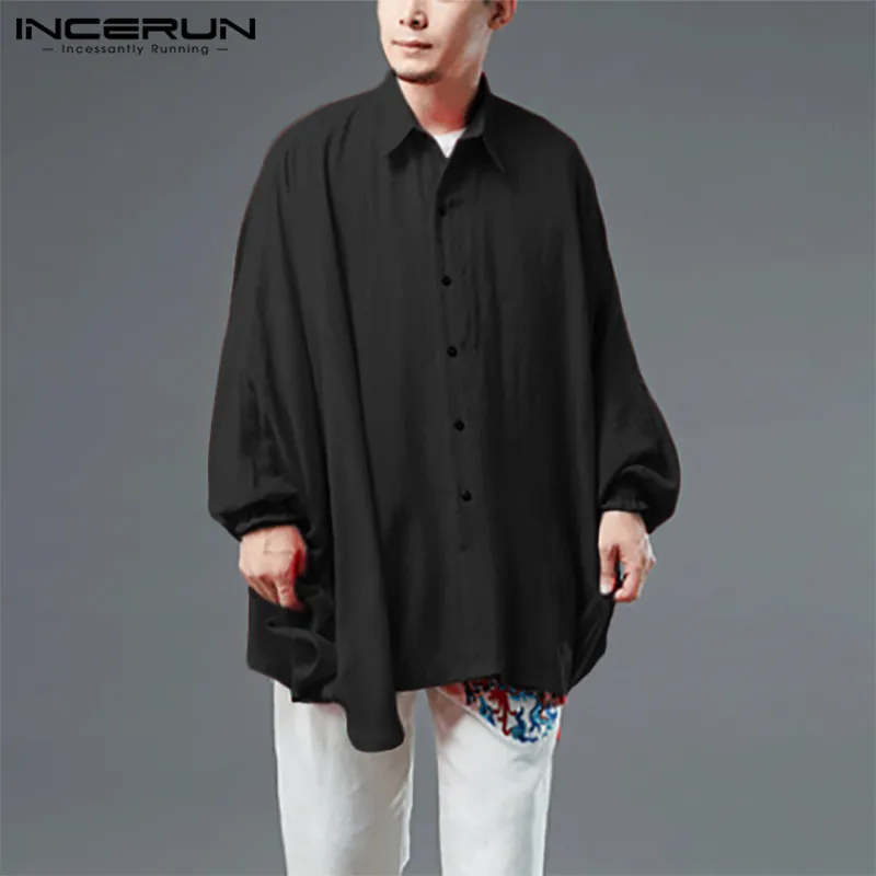 

INCERUN Mens Vintage Shirts Solid Color Lapel Neck Camisas Loose Streetwear Blusas Man Buttons Up Leisure Irregular Chemise 5XL