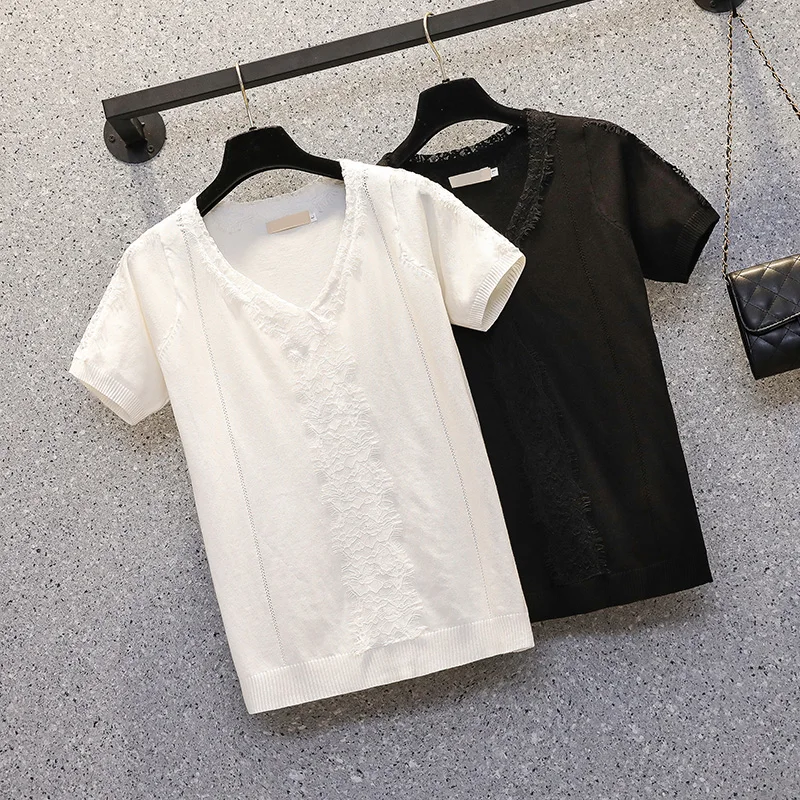 M-4XL large size women lace Patchwork kint sweater 2021 short sleeve v neck solid Oversized Summer thin pullover jersey mujer
M-4XL large size women lace Patchwork kint sweater 2021 short sleeve v neck solid Oversized Summer thin pullover jersey mujer
