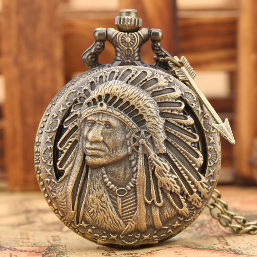 Retro Bronze Indian Old Man Carving Design Pocket Watch Vintage Pendant Arrow Necklace Chain Antique Clock Gifts For Men Women
Retro Bronze Indian Old Man Carving Design Pocket Watch Vintage Pendant Arrow Necklace Chain Antique Clock Gifts For Men Women