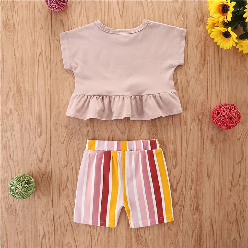 2 Pcs Infant Summer Outfits Baby Girls Rainbow Letter Print Short Sleeve Round Neck Ruffle T-shirt + Striped Shorts
2 Pcs Infant Summer Outfits Baby Girls Rainbow Letter Print Short Sleeve Round Neck Ruffle T-shirt + Striped Shorts