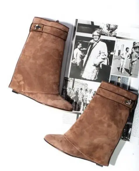 

Brown Suede Shark Lock Wedge Boots Women Winter Fold Over Leather Wedge Boots Pointed Toe Height Increasing Ankle Booties