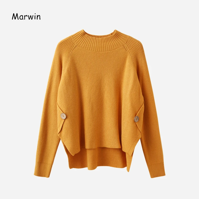 

Marwin 2020 New-Coming Winter Solid Turtleneck Pullovers Female Thick Knitted High Street Style Warm Soft Button Women Sweater