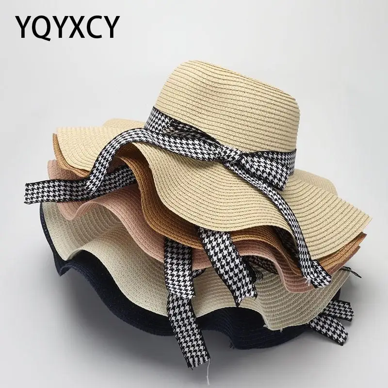 

YQYXCY Summer Women Straw Hat Bowknot Wide Brim Floppy Panama Hats Female Lady Outdoor Foldable Beach Sun Cap Sunshade Suncreen