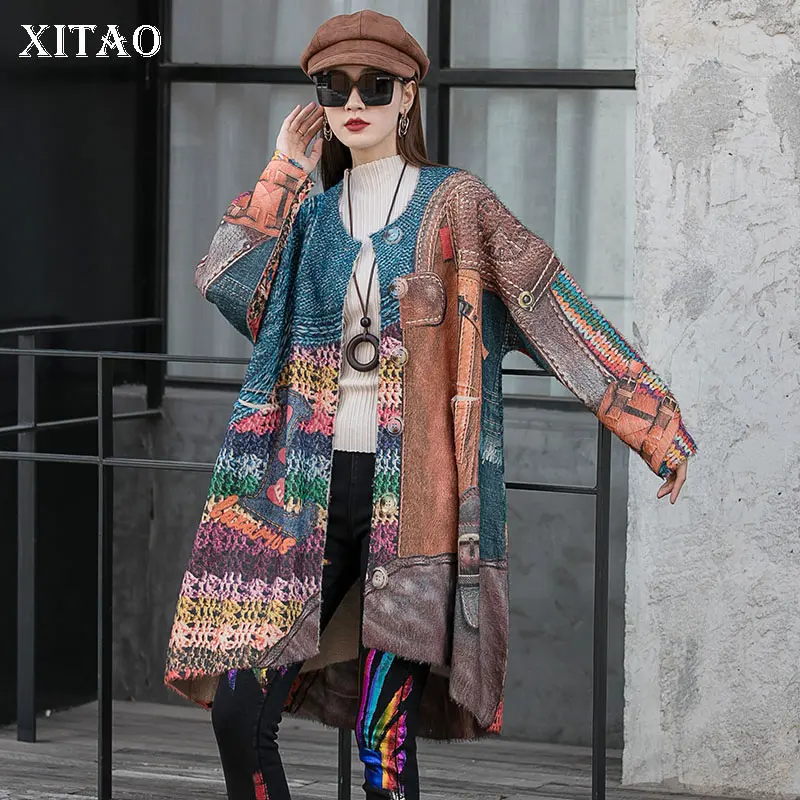 

XITAO, свитер с одной грудью, модный, новый, женский, узор, богиня, веер, длинный рукав, маленький, свежий, повседневный стиль, свободный, 2021, свит...