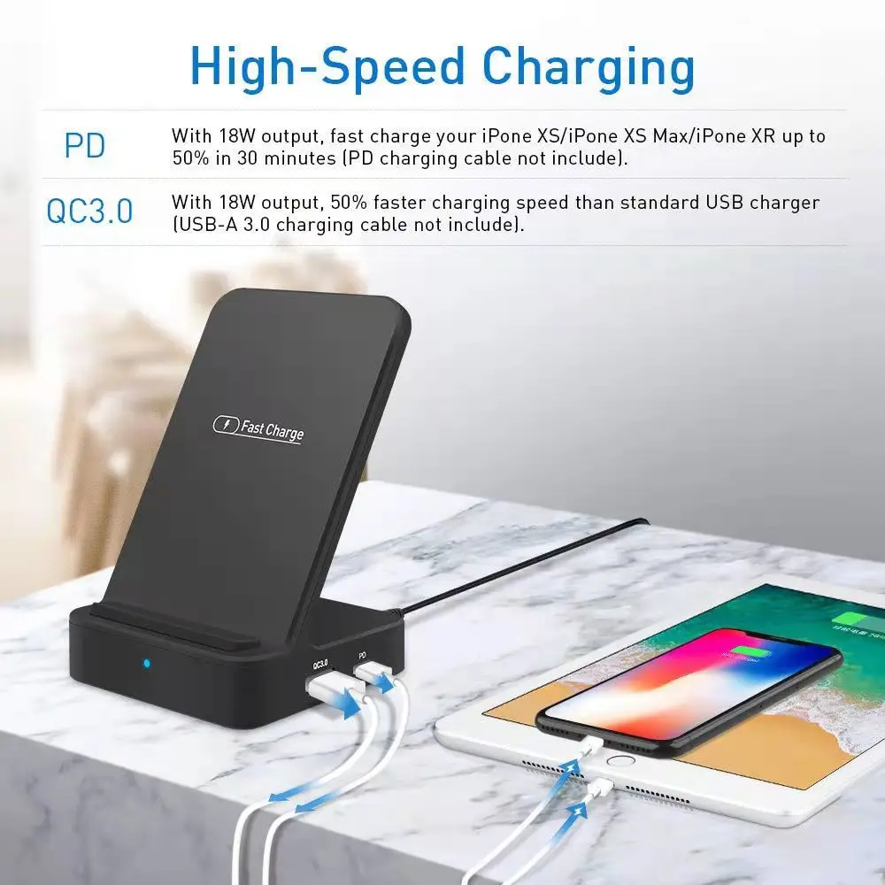 

Fast Wireless Charger, 18W PD Quick Charge for iPhone XS/ XS Max/XR, 18W USB Adapter QC3.0 for Samsung, LG, Nexus, HTC, iPad