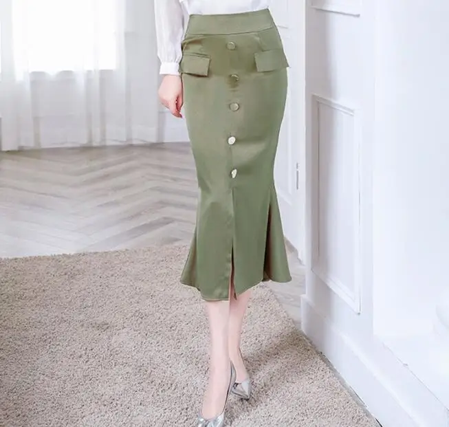 2021 Women Satin Skirts Female Fashion High Waist Single Breasted Slim Hip Trumpet Skirts Lady Elegant Office Work Party Skirts
2021 Women Satin Skirts Female Fashion High Waist Single Breasted Slim Hip Trumpet Skirts Lady Elegant Office Work Party Skirts