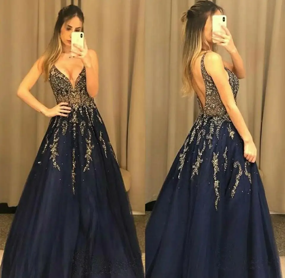 Vkbridal Sexy V-Neck Long Navy Blue Beaded Prom Dresses A-Line Party Dresses Criss Cross Back Tulle Formal Evening Gowns
Vkbridal Sexy V-Neck Long Navy Blue Beaded Prom Dresses A-Line Party Dresses Criss Cross Back Tulle Formal Evening Gowns