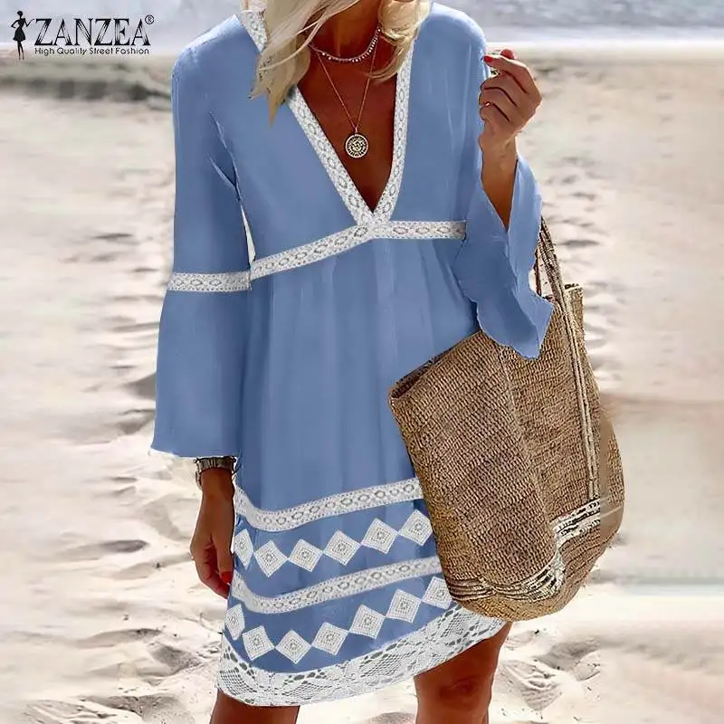 ZANZEA Summer Lace Crochet Dress Women Bohemian V Neck 3/4 Flare Sleeve Sundress Female Office Wear Femme Chic Vestidos Oversize
ZANZEA Summer Lace Crochet Dress Women Bohemian V Neck 3/4 Flare Sleeve Sundress Female Office Wear Femme Chic Vestidos Oversize
