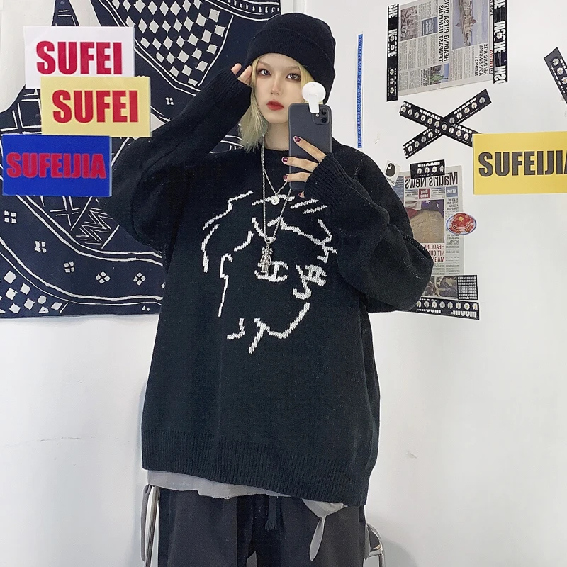 Vintage Knitted Sweaters Women Cartoon Pullover Womens Harajuku Hip Hop Streetwear Autumn Winter Loose Elegant Jumpers 2021
Vintage Knitted Sweaters Women Cartoon Pullover Womens Harajuku Hip Hop Streetwear Autumn Winter Loose Elegant Jumpers 2021