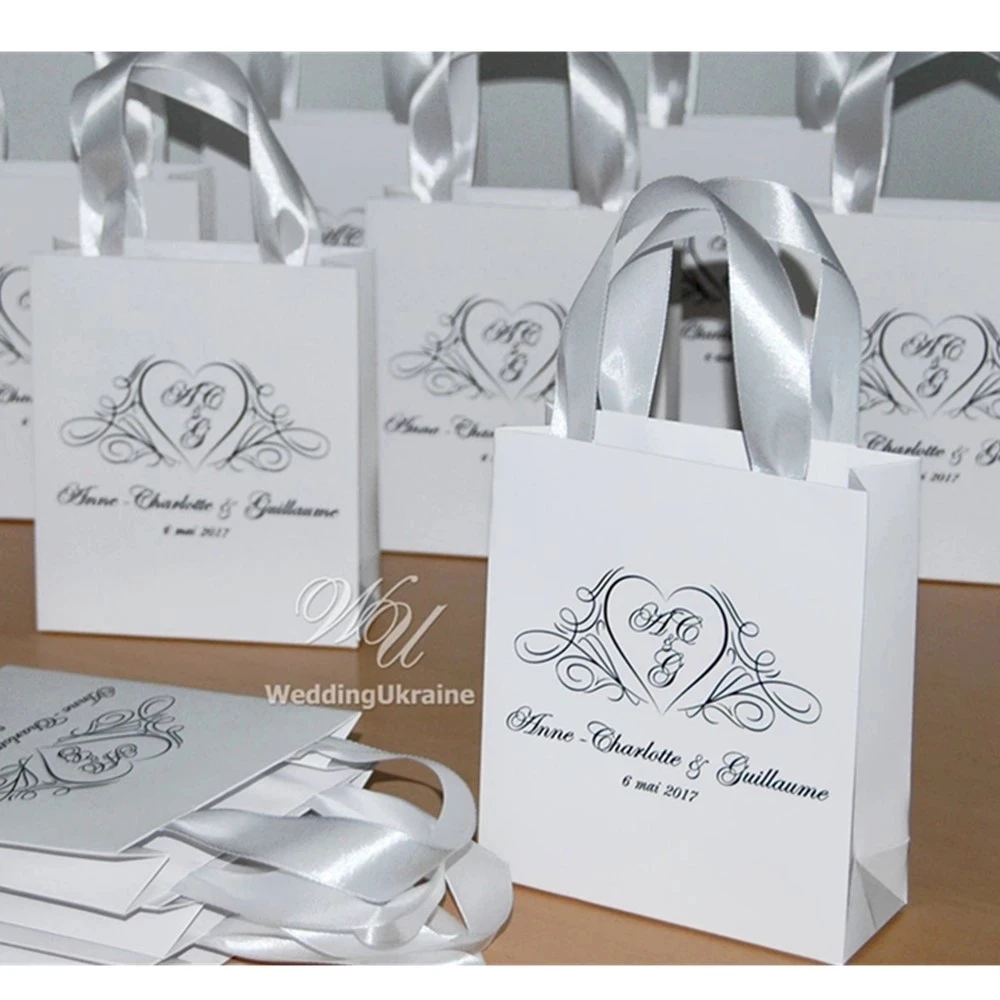 

Personalized Wedding Gift Bags for guests with satin ribbon and names Elegant Black & White and favors Wedding Welcome Bags