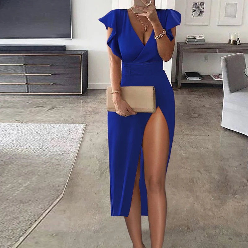 High Waist Split Fork Asymmetrical Party Dress Elegant Women Butterfly Sleeve Slim Fit Dress Summer Female V Neck Pencil Dress
High Waist Split Fork Asymmetrical Party Dress Elegant Women Butterfly Sleeve Slim Fit Dress Summer Female V Neck Pencil Dress