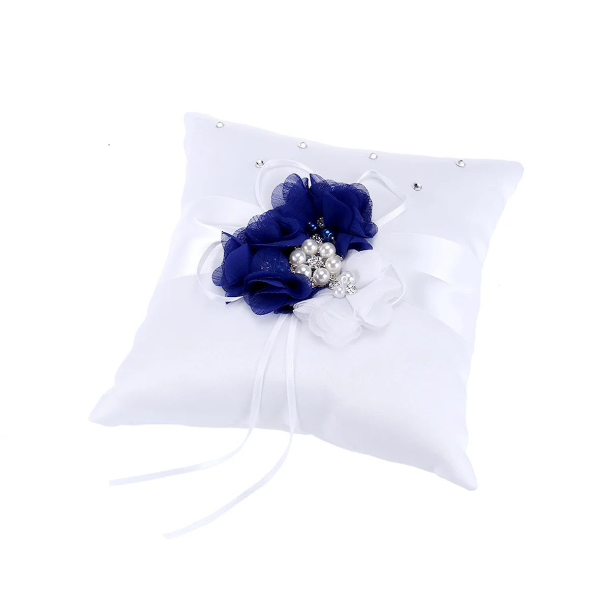 

20*20cm Embellished Wedding Ring Pillow Cushion Pearl Flower Decorated Ring Bearer Pillow (Blue & White Flower)