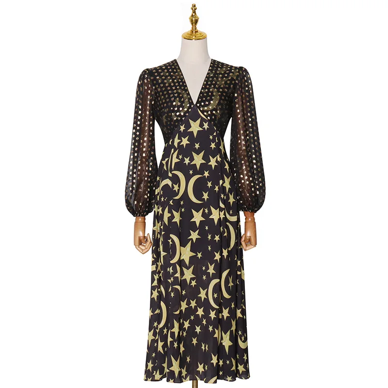 Season new women's v-neck pattern flocking slim slim long sleeve high waist split dress women tide
Season new women's v-neck pattern flocking slim slim long sleeve high waist split dress women tide