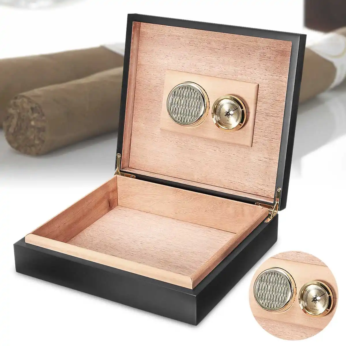 20 Count Black Cedar Wood Lined Cigar Storage Case Box with Humidor Humidifier Hygrometer Cigar Moisturizing Device
20 Count Black Cedar Wood Lined Cigar Storage Case Box with Humidor Humidifier Hygrometer Cigar Moisturizing Device