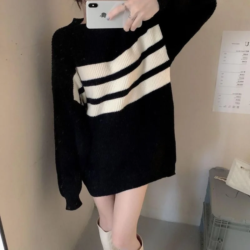 

Sweater women's striped mid-length loose fashion all-match spring and autumn 2021 knitted oversized pullover long-sleeved top