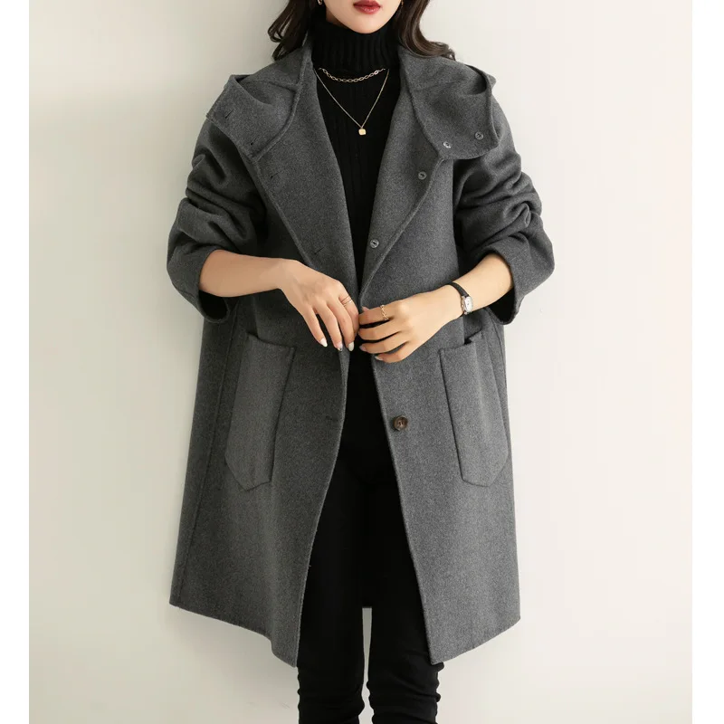 Loose Single Breasted Grey Double-sided Cashmere Coat Medium Long Large 2021 New Autumn and Winter Fashion Wool Hooded Overcoat
Loose Single Breasted Grey Double-sided Cashmere Coat Medium Long Large 2021 New Autumn and Winter Fashion Wool Hooded Overcoat