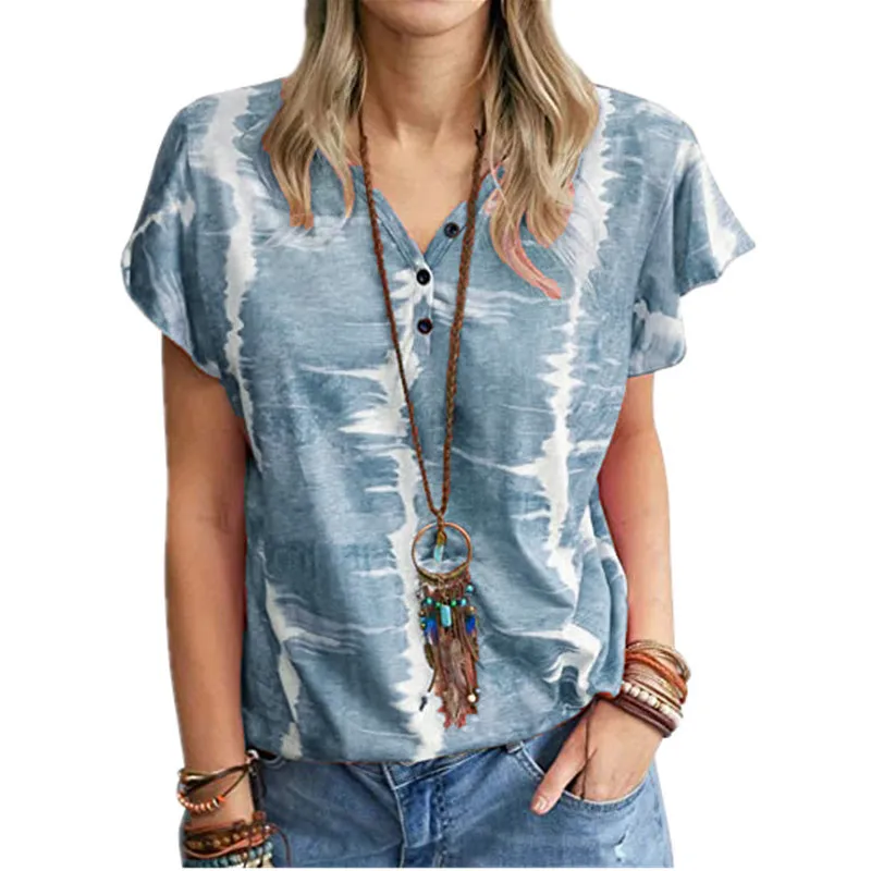 Summer Fashion Women's V-Neck Short-Sleeve Comfortable Breathable Lady Button Tie-Dye Printed Striped Loose T-Shirts
Summer Fashion Women's V-Neck Short-Sleeve Comfortable Breathable Lady Button Tie-Dye Printed Striped Loose T-Shirts