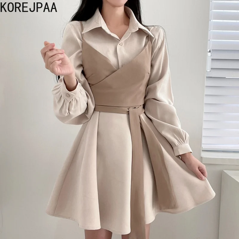Korejpaa Elegant Women Suit Spring Autumn Cross V-neck Lace Up Waist Drawstring Vest + Turn-down Collar Puff Sleeve Shirt Dress
Korejpaa Elegant Women Suit Spring Autumn Cross V-neck Lace Up Waist Drawstring Vest + Turn-down Collar Puff Sleeve Shirt Dress