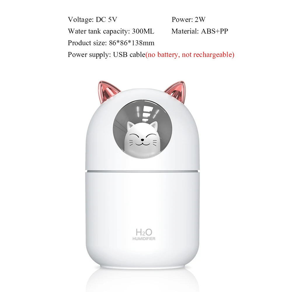 

300ML USB Air Humidifier Ultrasonic Cool Mist Maker Fogger with Colorful Lamp Cute Cat Mini Aroma Diffuser Humidificador Difusor