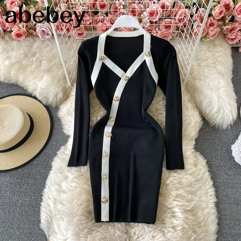 Elegant Buttons Design Color Patchwork Short Bodycon Ladies Office Dress Autumn Winter V-neck Knitted Sweater Dress
Elegant Buttons Design Color Patchwork Short Bodycon Ladies Office Dress Autumn Winter V-neck Knitted Sweater Dress