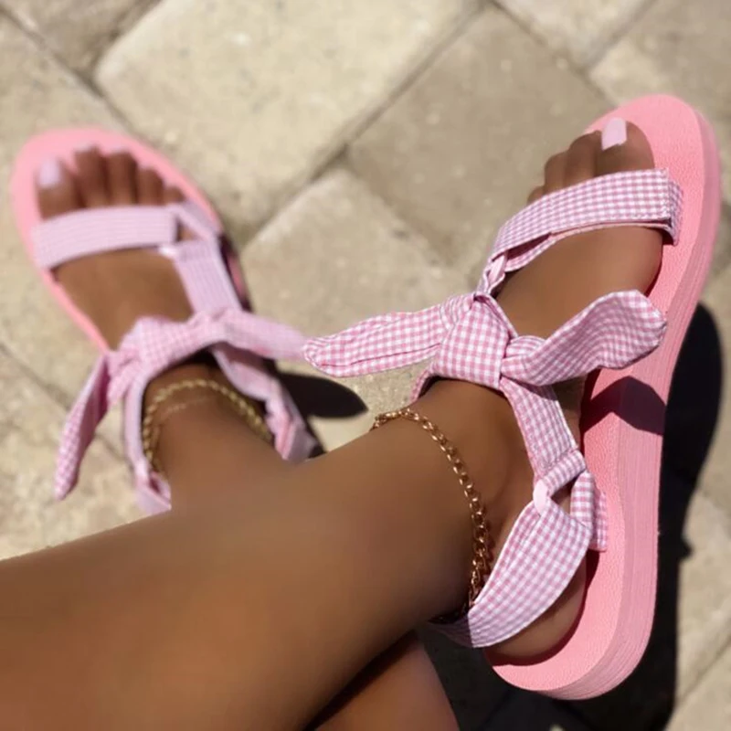 

Beach Shoes Woman Cute Tie Design Hook Loop Casual Women Flat Sandals Gingham Open Toe Shoes Velcro Sandalia Plataforma