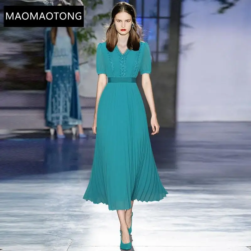 Fashion Runway Designer Summer Chiffon Dress Women's Lace Splicing V-neck Short Sleeve Casual Pleated Midi Dress
Fashion Runway Designer Summer Chiffon Dress Women's Lace Splicing V-neck Short Sleeve Casual Pleated Midi Dress