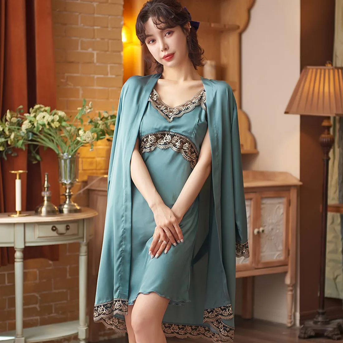 Women 2PCS Robe Set Satin Kimono Bathrobe Gown Sexy Bridal Wedding Gift Hollow Out Sleepwear Lace Nightwear Silky Homewear
Women 2PCS Robe Set Satin Kimono Bathrobe Gown Sexy Bridal Wedding Gift Hollow Out Sleepwear Lace Nightwear Silky Homewear