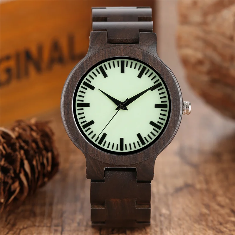 

Handmade Wooden Clock Luminous Dial Men Watches Quartz Analog Movement Timepiece Full Bamboo Strap Bangle for Man Fold Clasp