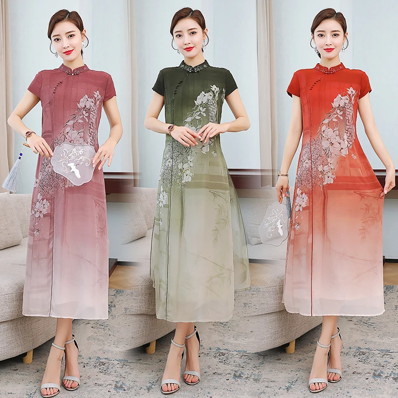 Chinese style dress for women long summer new Short-sleeved dress ladies improved cheongsam dress imitation silk Spring elegance
Chinese style dress for women long summer new Short-sleeved dress ladies improved cheongsam dress imitation silk Spring elegance