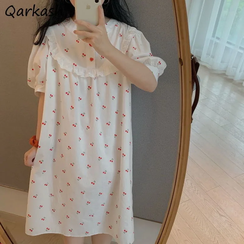 

Nightgowns Women Retro Romantic Summer Lovely Ulzzang Female Puff Sleeve Nightwear Loose Cherry-print Ins Prince Knee-length Hot