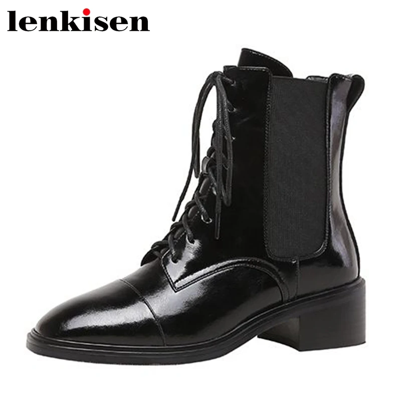 

Современные офисные женские ботинки Lenkisen, зимние винтажные ботильоны из коровьей спилковой кожи на толстом среднем каблуке с перекрестной ...