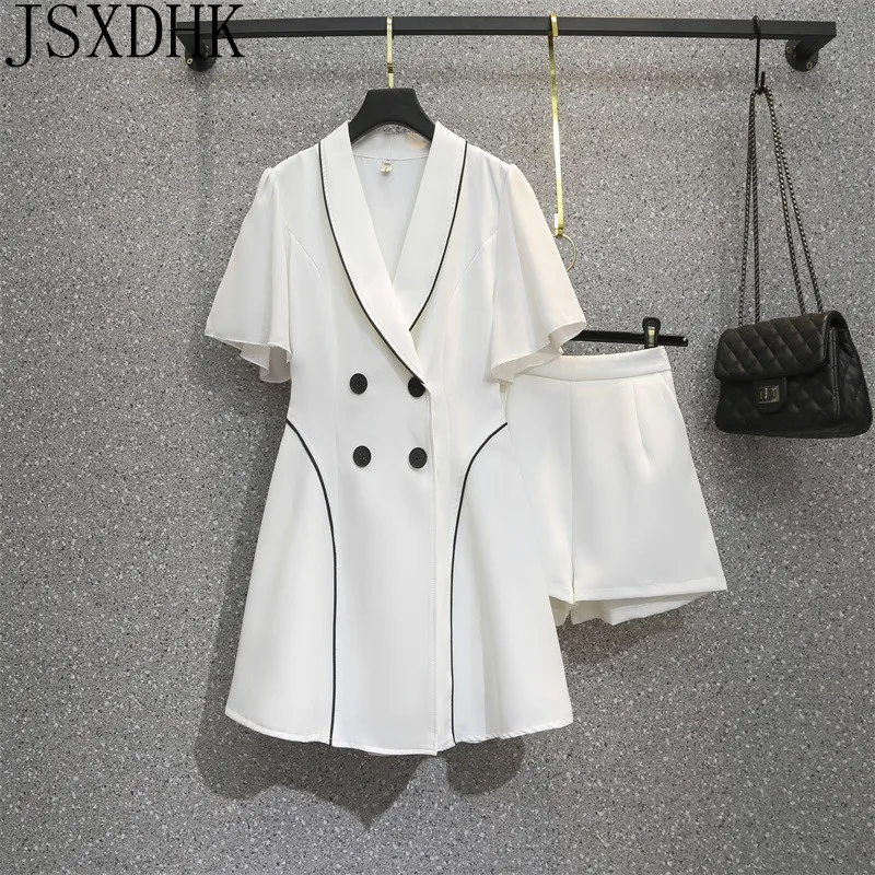 Korean Lady Elegant Double Breasted Mid-Length Split Short Sleeve Suit Blazer + High Waist Shorts Fashion Women Sets L-4XL
Korean Lady Elegant Double Breasted Mid-Length Split Short Sleeve Suit Blazer + High Waist Shorts Fashion Women Sets L-4XL