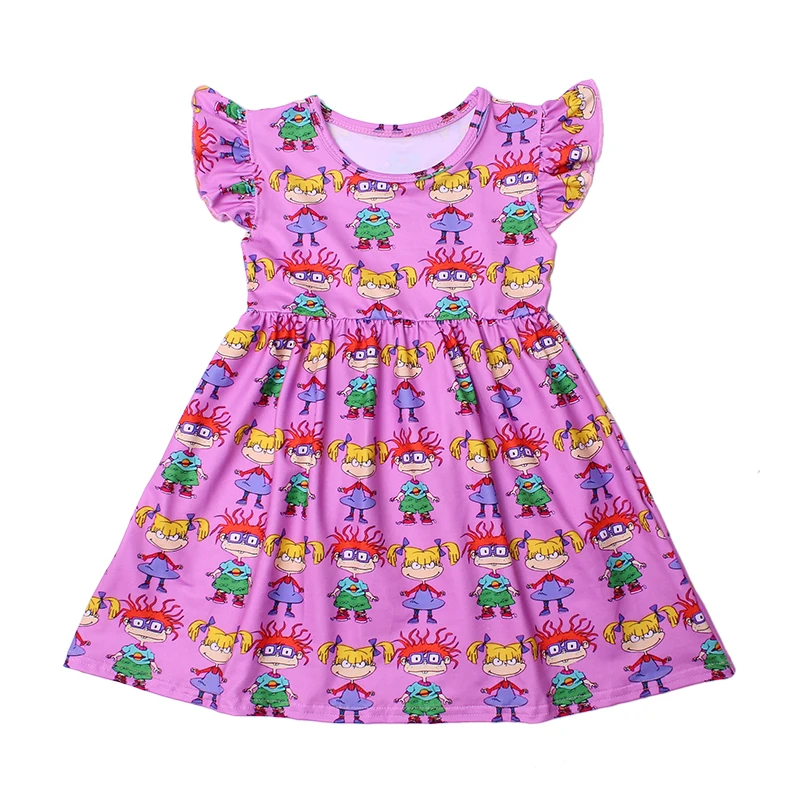 

Wholesale Pink Pincess Dress Kids Girls Flutter Sleeve Dress Cartoon Print Boutique Milk Silk Party Dresses For Girls Clothes