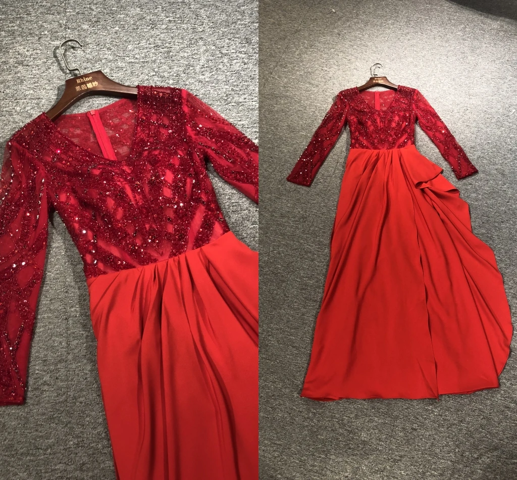 100%Real Pictures Red Color Heavy V-neck Beads Full Sleeves Floor Length Party Prom Women Dance Dress Bridal Evening Dresses 
100%Real Pictures Red Color Heavy V-neck Beads Full Sleeves Floor Length Party Prom Women Dance Dress Bridal Evening Dresses